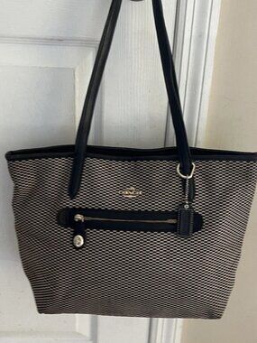 Coach Black And White Leather Gallery Tote Shoulder Bag Gold Tone
